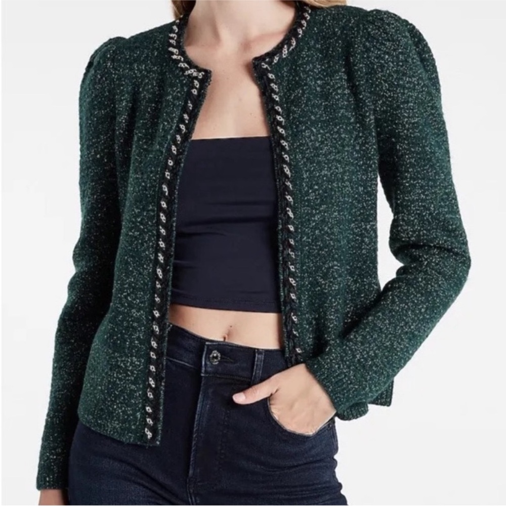 Green Metallic Tweed Open Cardigan Jacket with Lumex Chain detail Puff Sleeves S